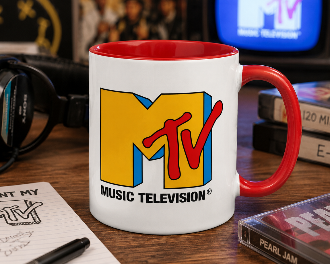MTV Music Television coffee mug with red accent handle and interior, featuring the iconic retro logo on a white ceramic mug for music lovers, collectors, and 1980s pop culture fans.