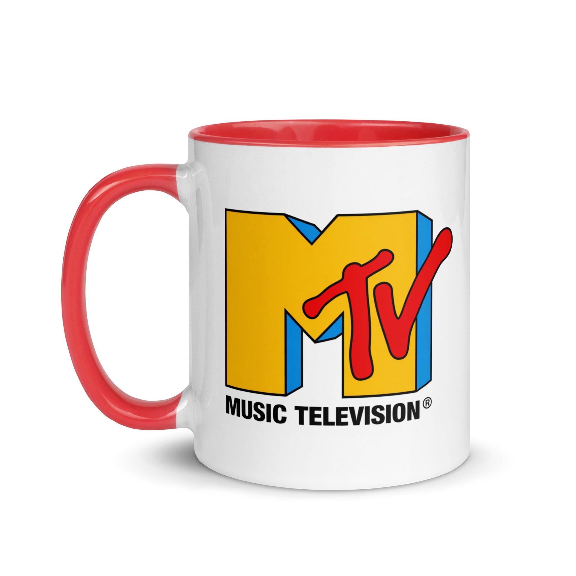 MTV themed coffee mug featuring the vintage Music Television logo, nostalgic music and entertainment drinkware gift for collectors, musicians, and retro TV fans.