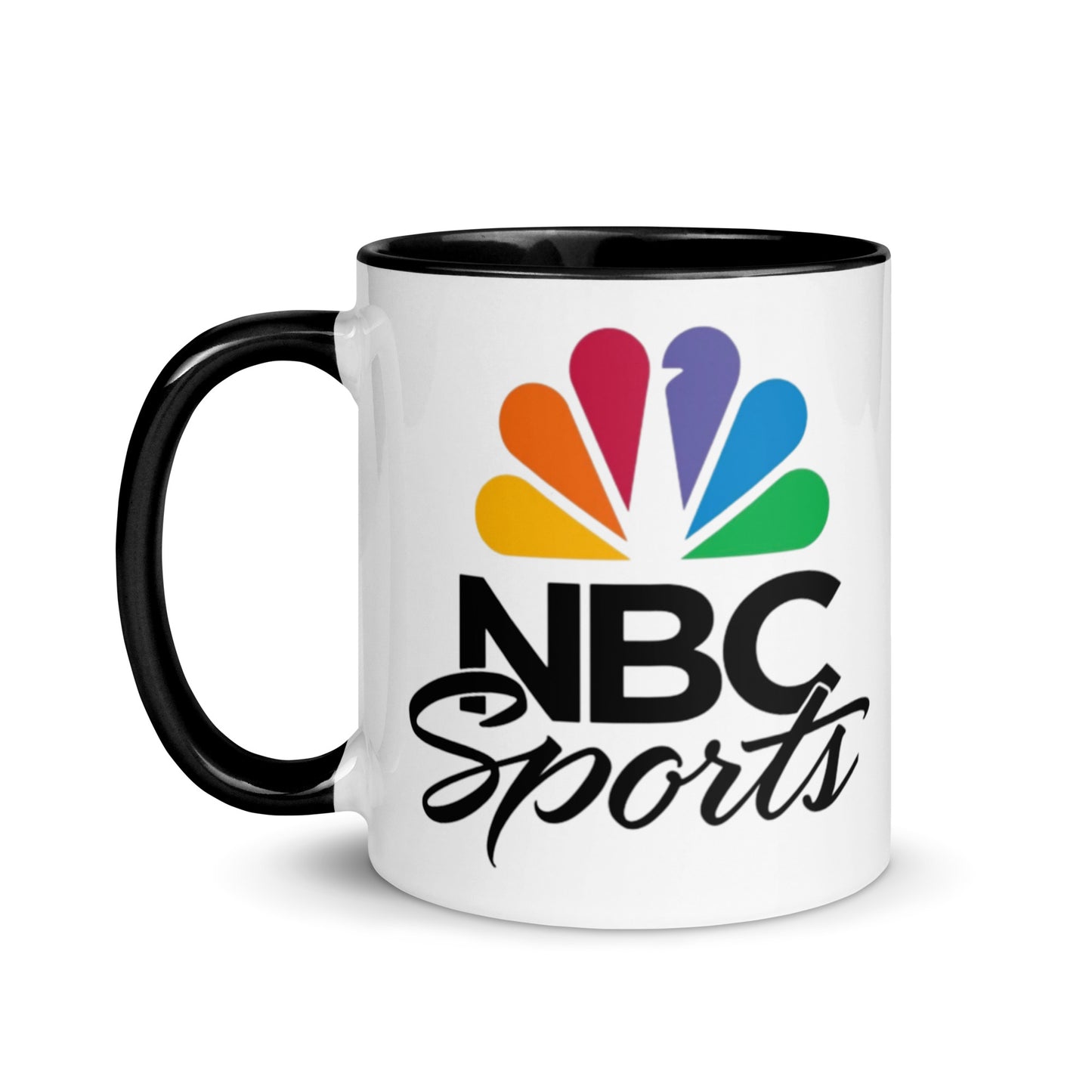 NBC Sports logo coffee mug with black accent handle and interior, featuring the iconic NBC peacock logo and sports branding on a white ceramic coffee cup.