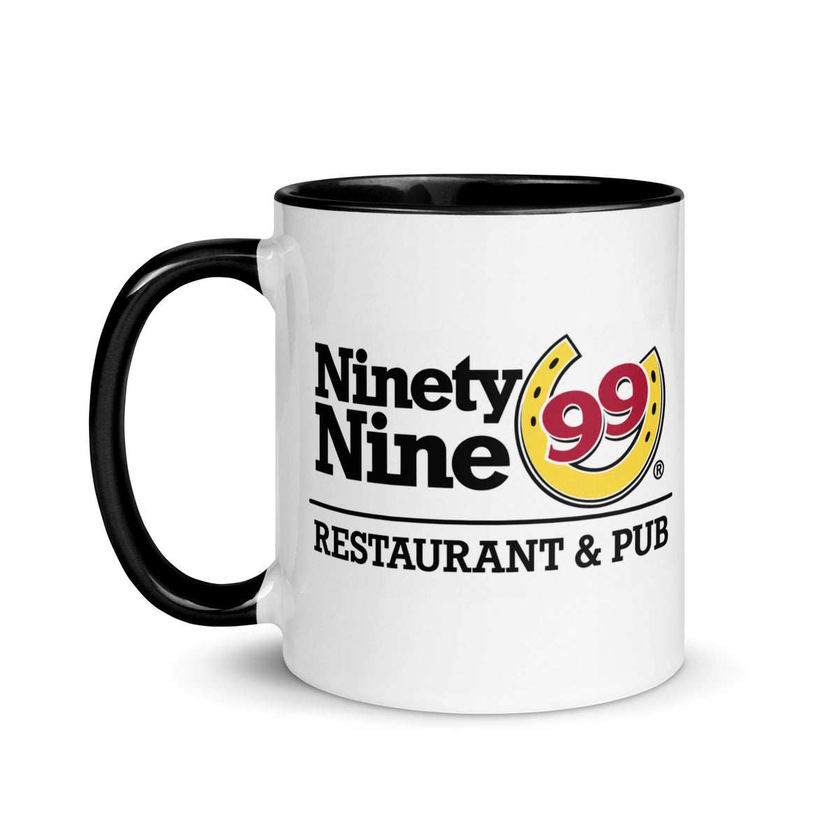 99 Restaurant & Pub retro logo coffee mug with classic Ninety Nine design, white ceramic body, black interior and matching black handle