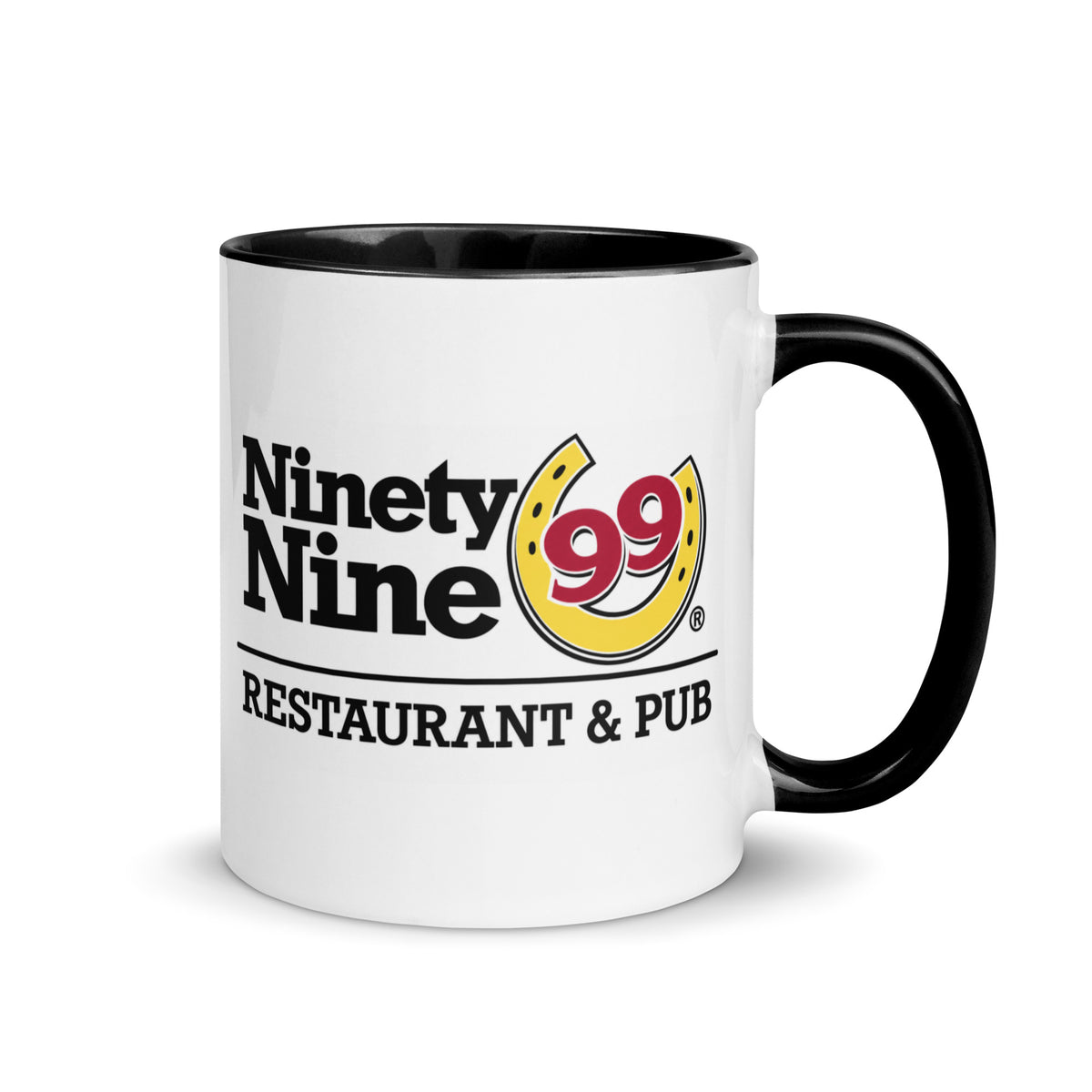 Ninety Nine Restaurant & Pub 11 oz white ceramic coffee mug featuring the classic 99 logo with yellow horseshoe and black handle