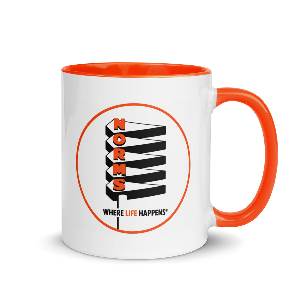 NORMS Restaurant 11 oz coffee mug with classic Where Life Happens diner logo and orange handle