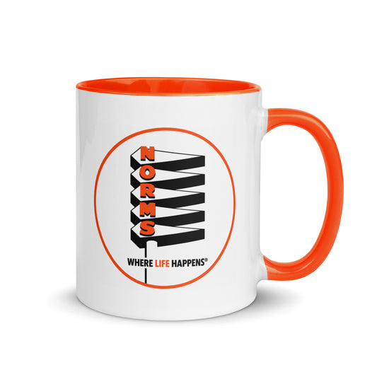 NORMS Restaurant 11 oz coffee mug with classic Where Life Happens diner logo and orange handle
