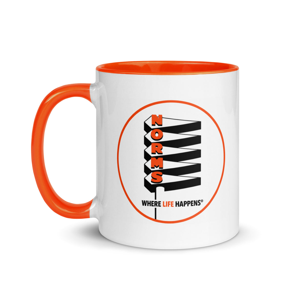 Vintage NORMS Restaurant logo coffee mug with Where Life Happens design and orange interior and handle