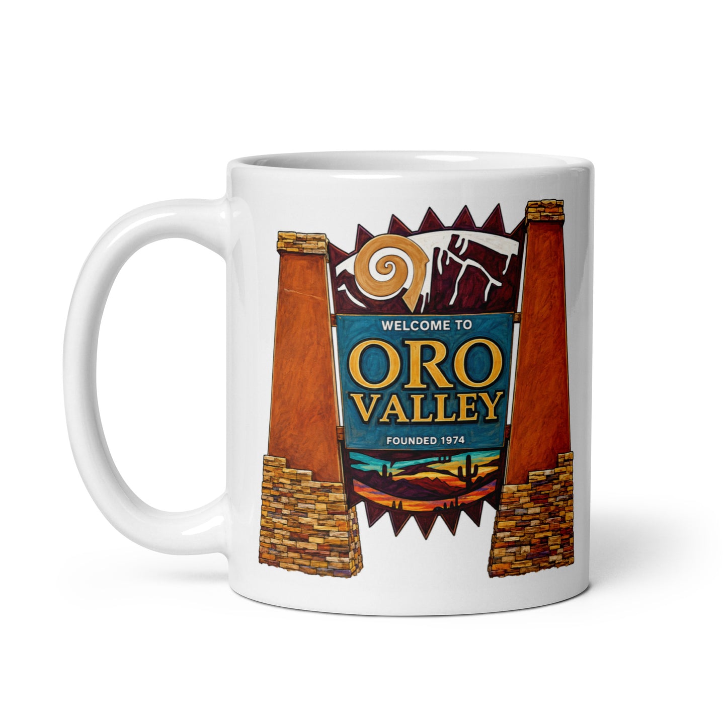 Oro Valley AZ 11 oz ceramic coffee mug with iconic town welcome sign, Sonoran Desert scenery and Southwestern Arizona travel design.