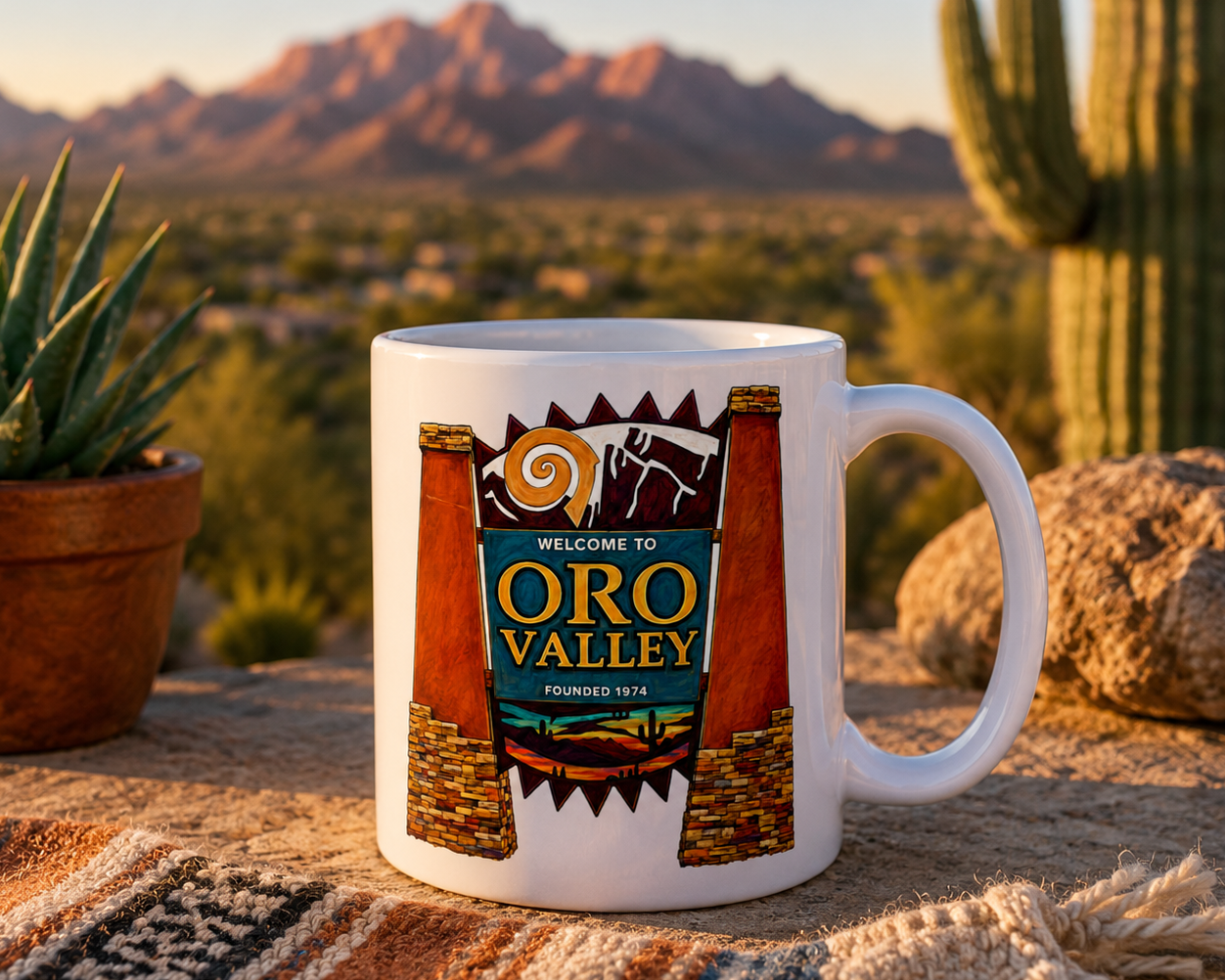 Oro Valley Arizona coffee mug featuring colorful Welcome to Oro Valley desert sign design with cactus and Southwest landscape on white ceramic.