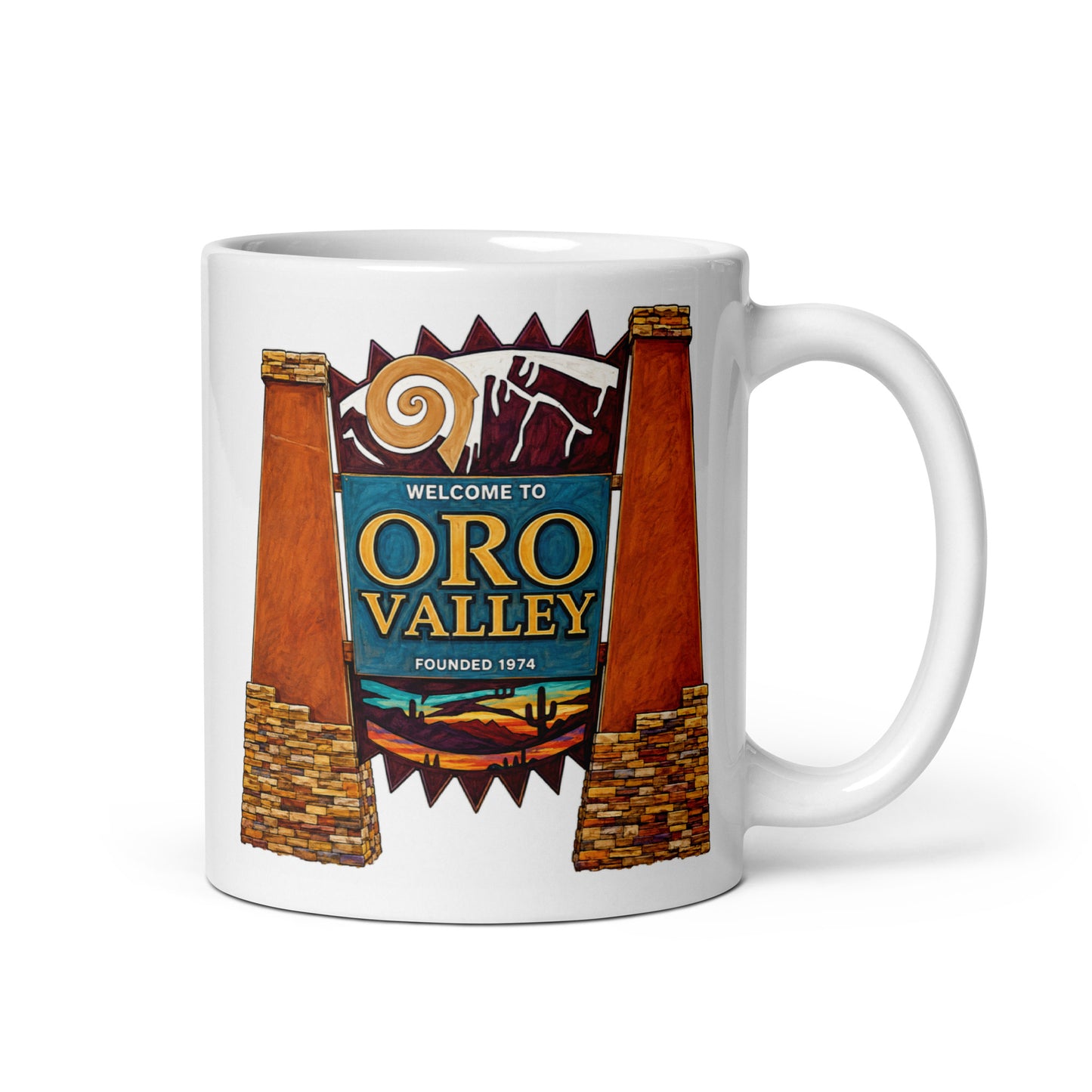 Oro Valley Arizona coffee mug featuring colorful Welcome to Oro Valley desert sign design with cactus and Southwest landscape on white ceramic.