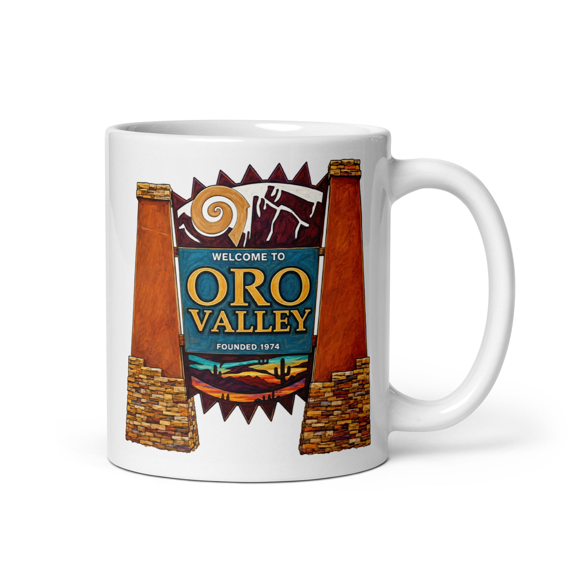 Oro Valley Arizona coffee mug featuring colorful Welcome to Oro Valley desert sign design with cactus and Southwest landscape on white ceramic.