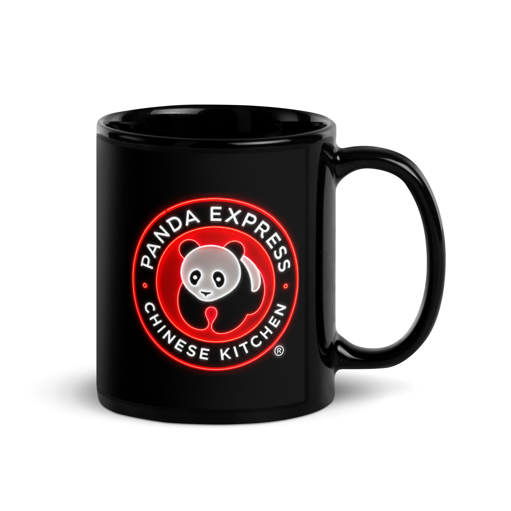 Panda Express neon logo coffee mug on black ceramic mug, featuring glowing red and white panda artwork, perfect for restaurant fans and collectors.