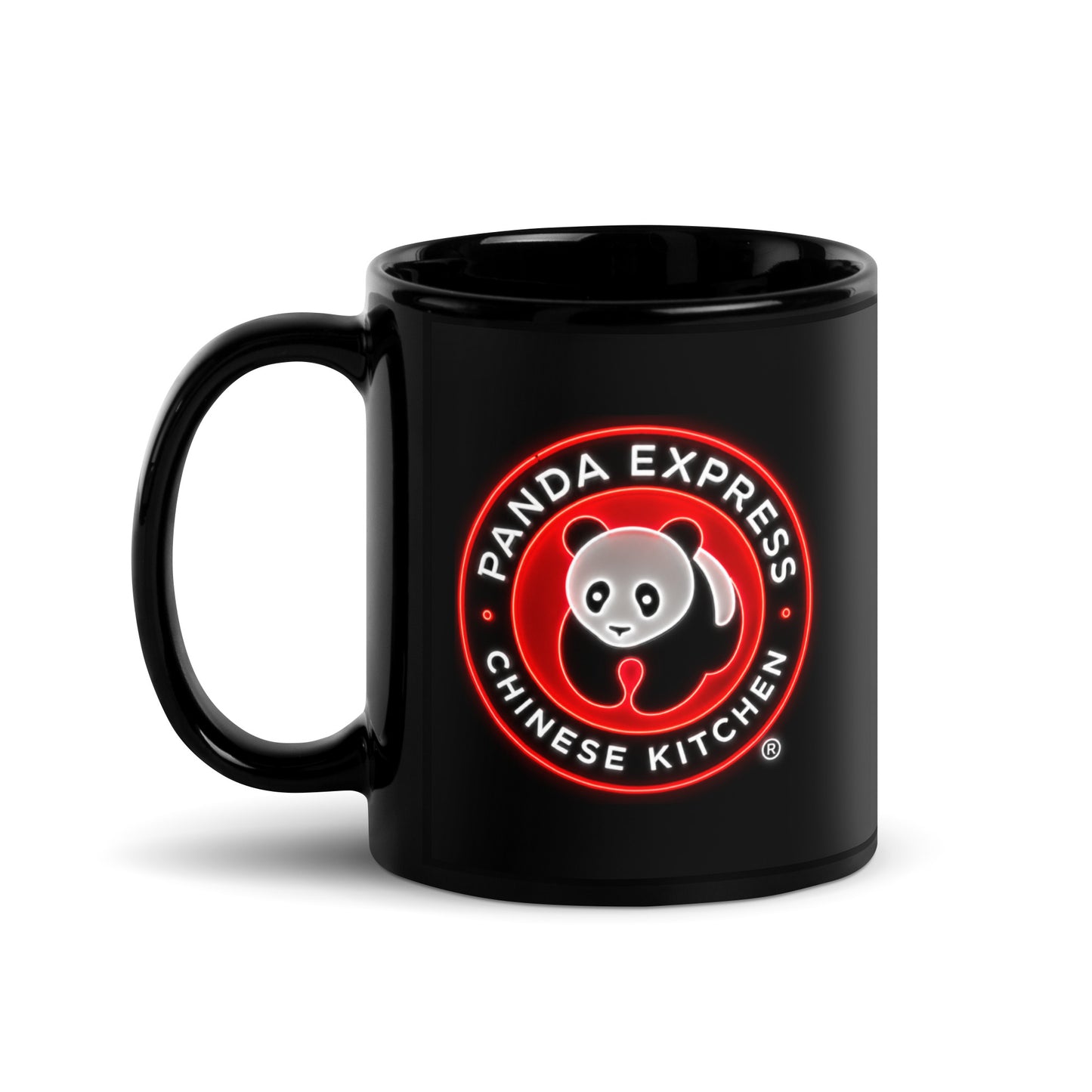 Panda Express neon logo coffee mug on black ceramic mug, featuring glowing red and white panda artwork, perfect for restaurant fans and collectors.