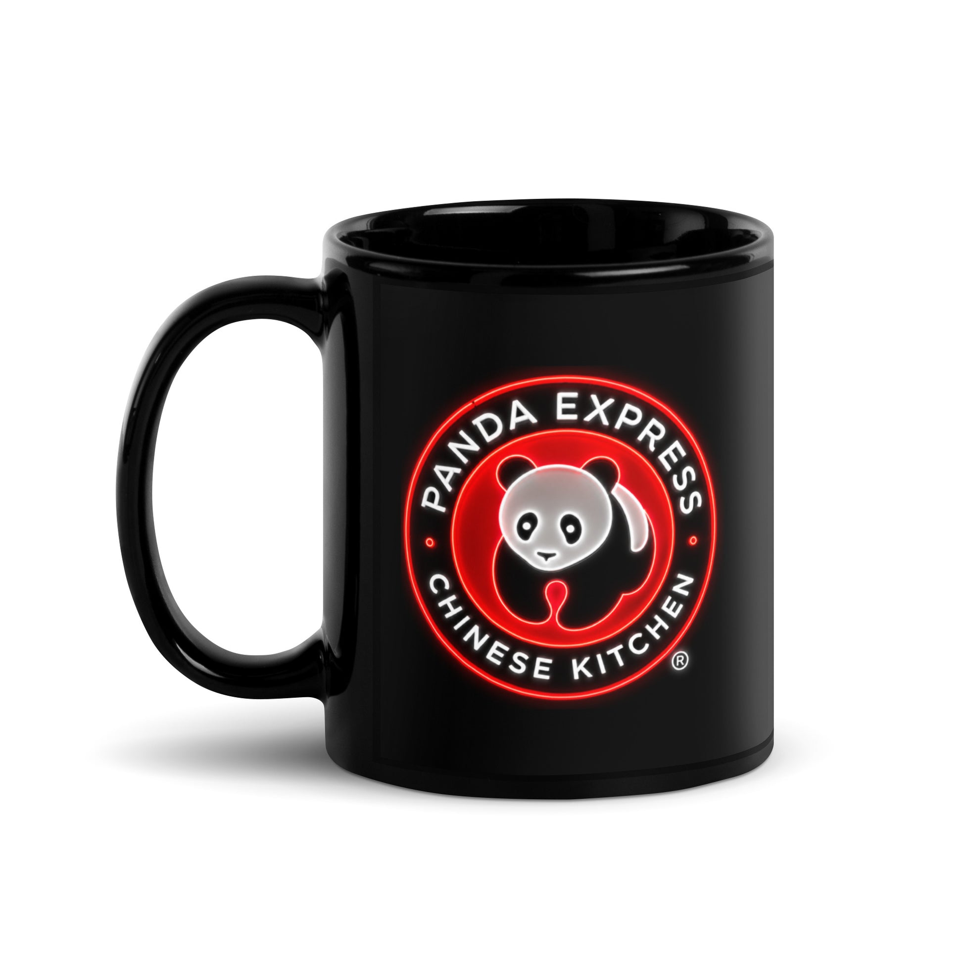 Panda Express neon logo coffee mug on black ceramic mug, featuring glowing red and white panda artwork, perfect for restaurant fans and collectors.