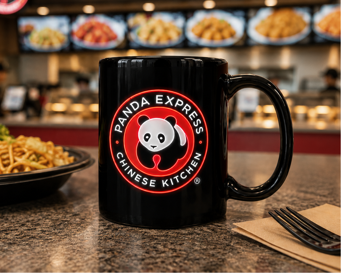 Black Panda Express coffee mug with illuminated neon-style logo design, ideal gift for Chinese food lovers, fast food enthusiasts, and memorabilia collectors.