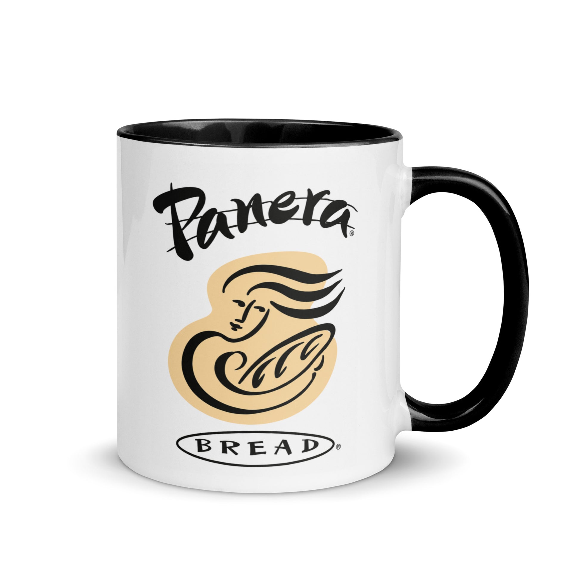 Vintage Panera Bread logo coffee mug featuring the classic Panera Bread woman logo, perfect for bakery café fans, coffee lovers, nostalgic brand collectors, and kitchen décor enthusiasts.