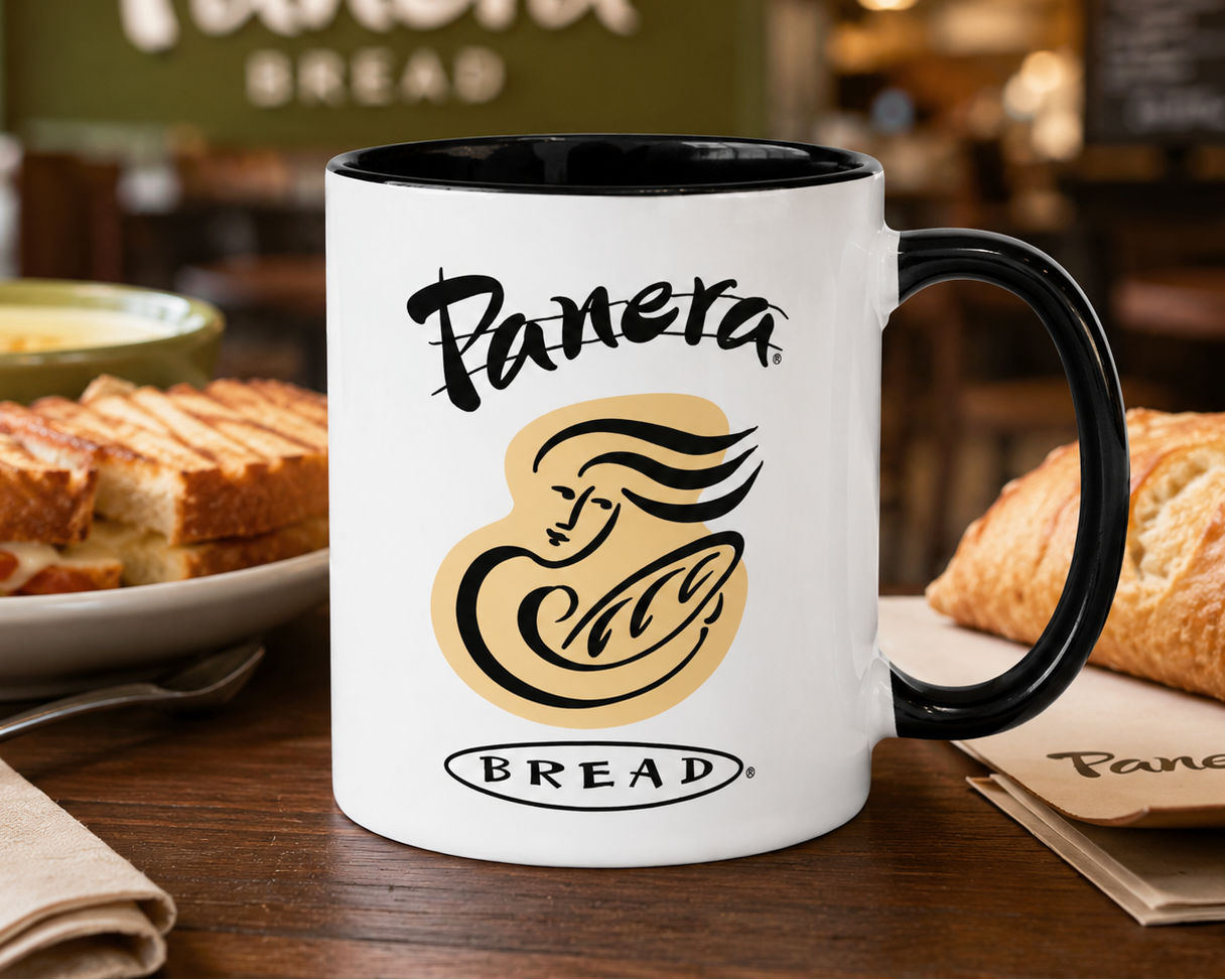 Vintage Panera Bread logo coffee mug featuring the classic Panera Bread woman logo, perfect for bakery café fans, coffee lovers, nostalgic brand collectors, and kitchen décor enthusiasts.