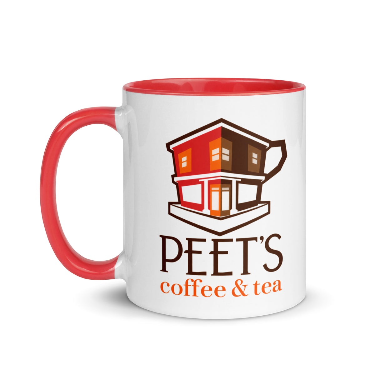 Peet’s Coffee & Tea 11 oz ceramic mug with vintage-style coffee shop logo and red interior and handle