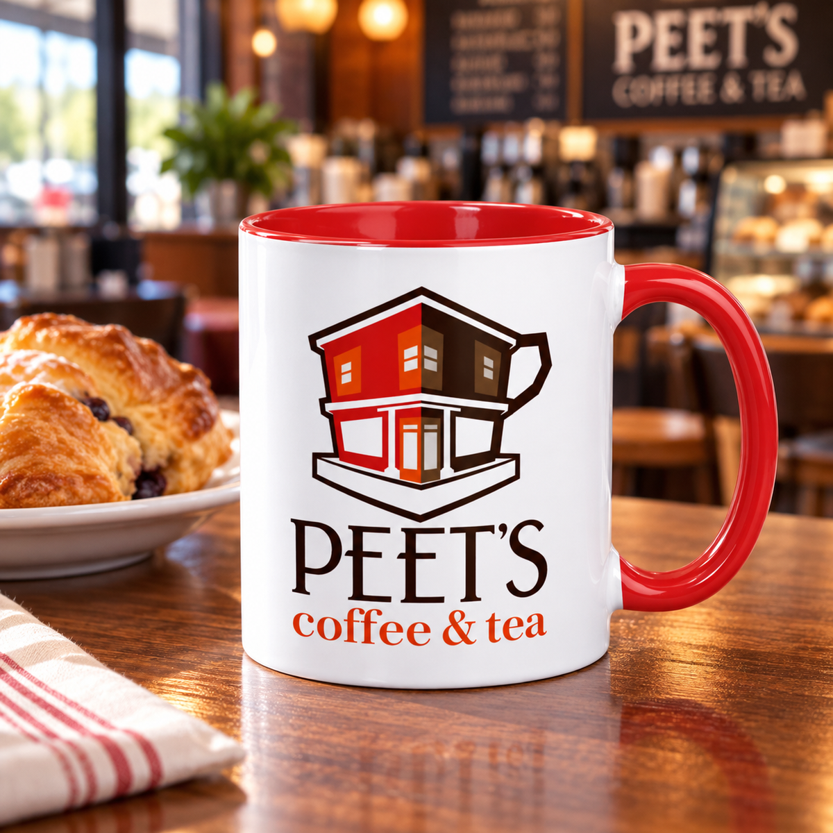 Peet’s Coffee & Tea logo coffee mug featuring classic coffeehouse design on white ceramic 11 oz mug