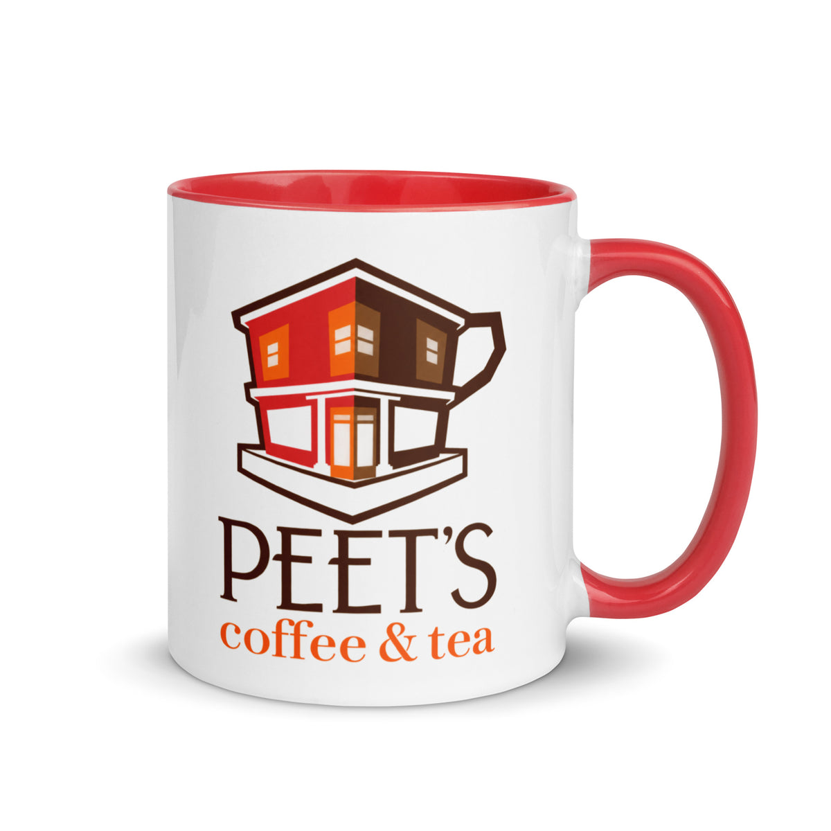 Peet’s Coffee & Tea 11 oz coffee mug with classic coffee shop logo and red accent handle