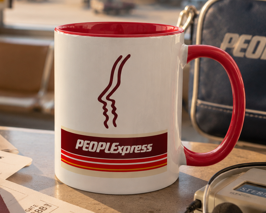 Peoplexpress Airlines logo coffee mug with red accent handle and interior, featuring the iconic vintage airline branding on a white ceramic coffee cup for aviation enthusiasts and collectors.