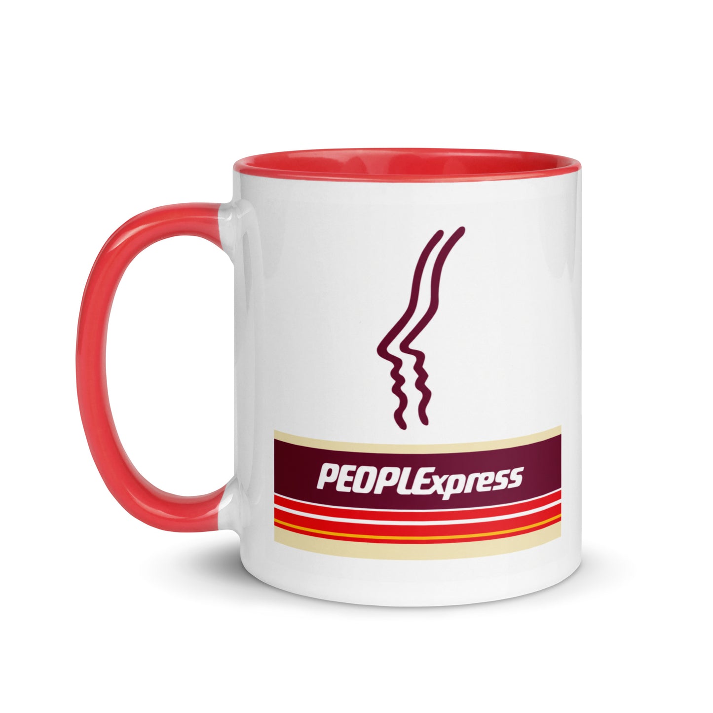 Peoplexpress themed coffee mug featuring the historic airline logo, nostalgic aviation gift for travelers, airline employees, collectors, and 1980s airline enthusiasts.