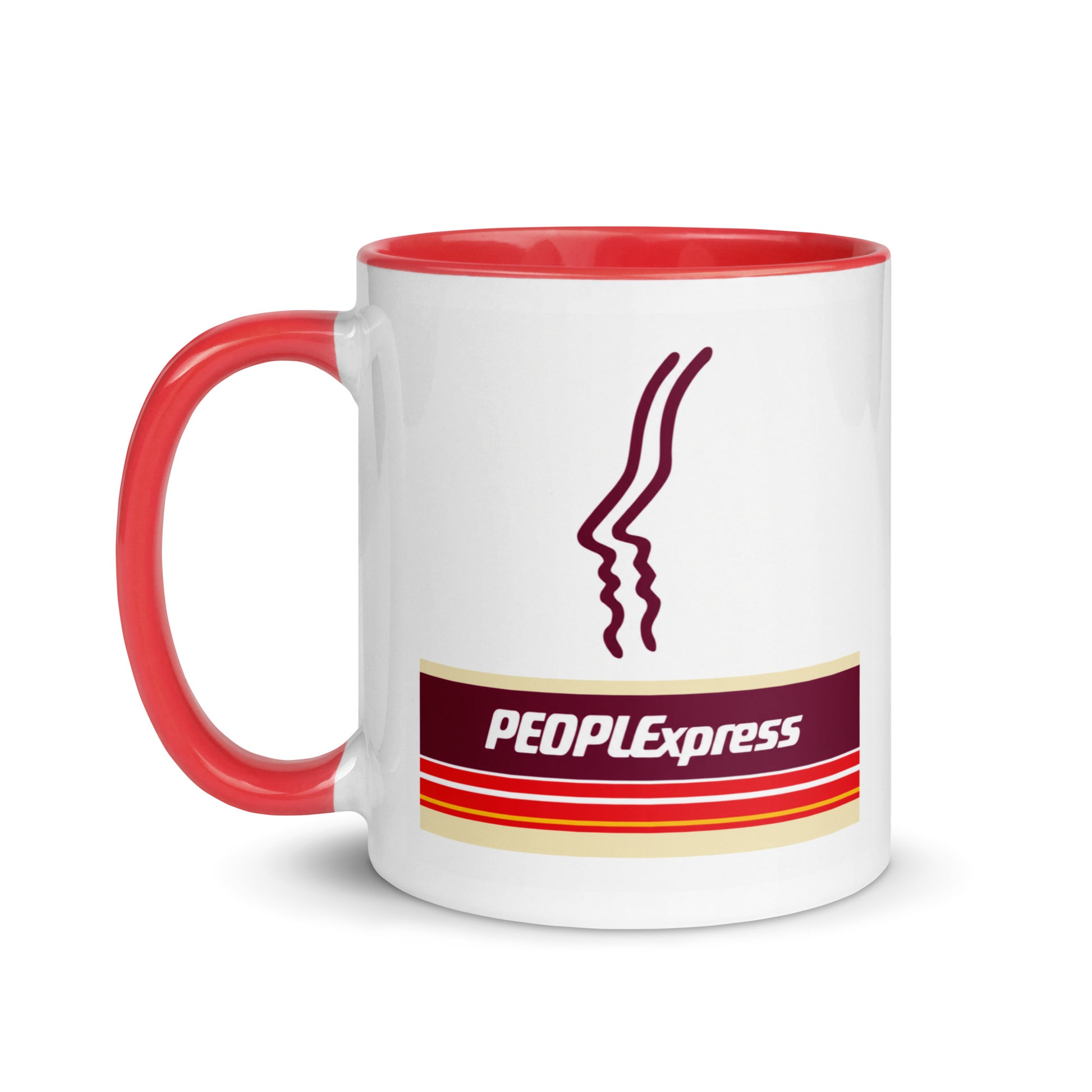 Peoplexpress themed coffee mug featuring the historic airline logo, nostalgic aviation gift for travelers, airline employees, collectors, and 1980s airline enthusiasts.