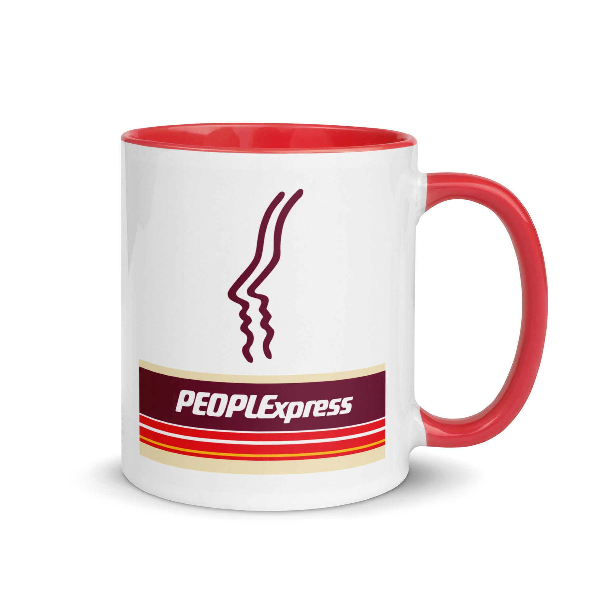 Peoplexpress Airlines logo coffee mug with red accent handle and interior, featuring the iconic vintage airline branding on a white ceramic mug for aviation enthusiasts, travelers, and memorabilia collectors.