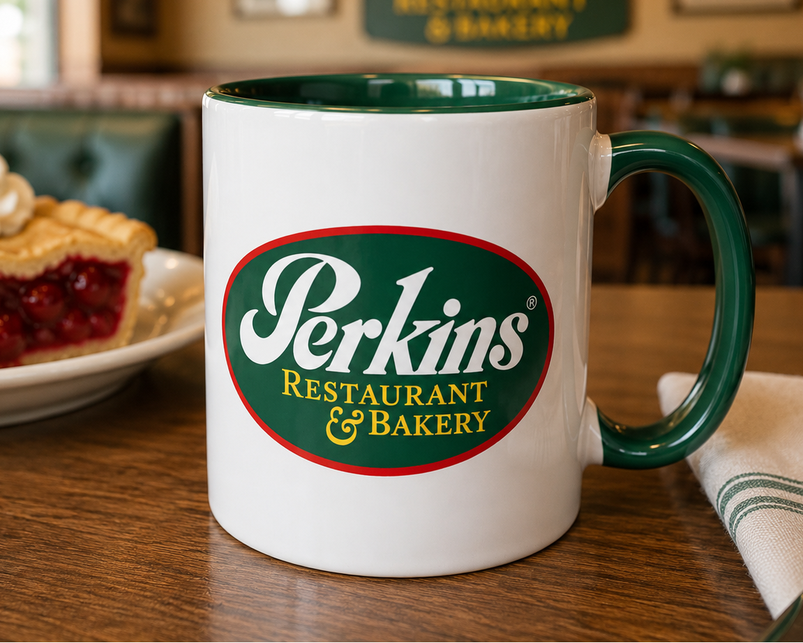 Vintage Perkins Restaurant & Bakery coffee mug featuring the classic Perkins logo, perfect for diner enthusiasts, restaurant memorabilia collectors, breakfast lovers, and coffee fans.