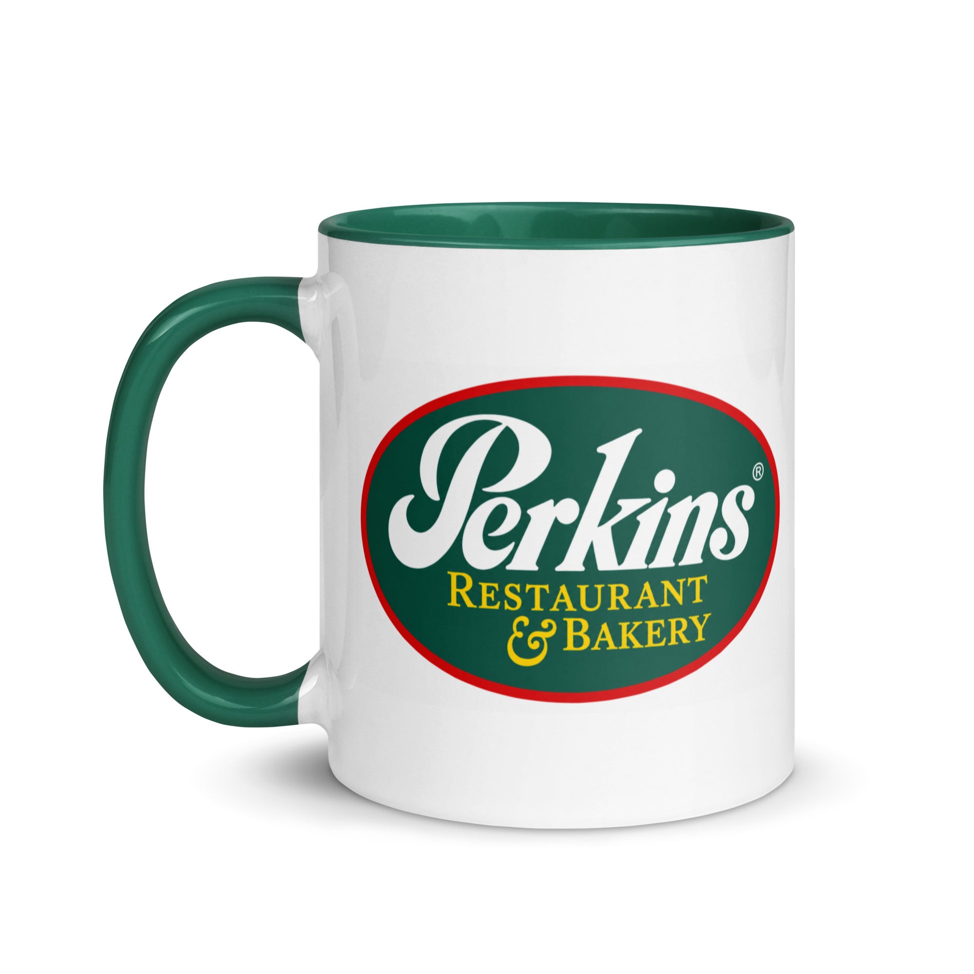 Classic Perkins Restaurant & Bakery ceramic coffee mug with iconic diner logo artwork, ideal for nostalgic restaurant collectors, café enthusiasts, office coffee stations, and unique gift giving.