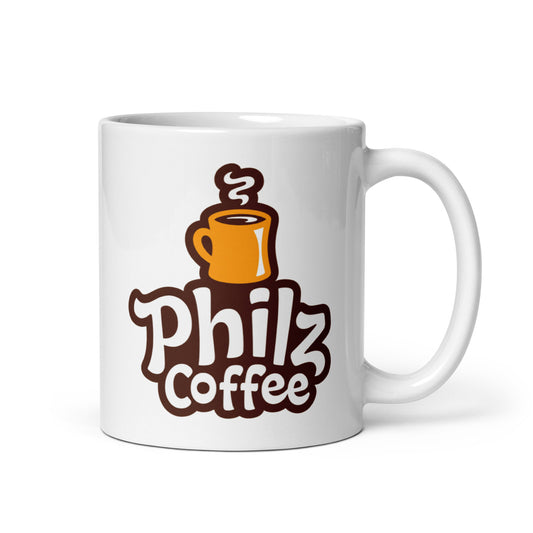 Philz Coffee 11 oz white ceramic coffee mug with classic brown and orange coffee cup logo