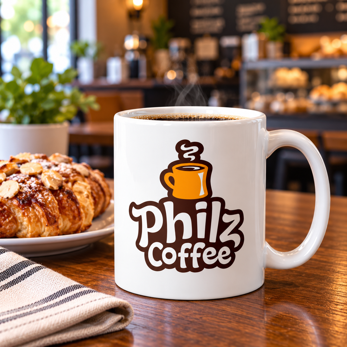Philz Coffee logo coffee mug featuring retro brown lettering and orange coffee cup on white ceramic 11 oz mug