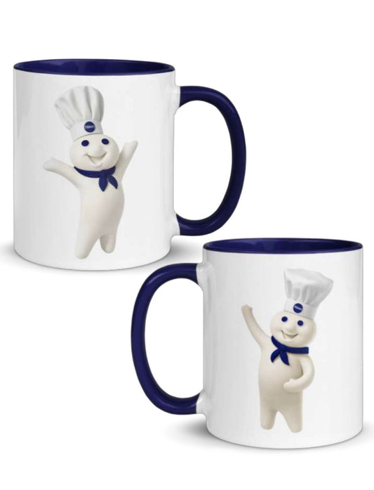 Double-sided Pillsbury Doughboy coffee mug featuring two classic Doughboy poses, perfect for baking enthusiasts, vintage advertising collectors, kitchen decor lovers, and nostalgic brand fans.