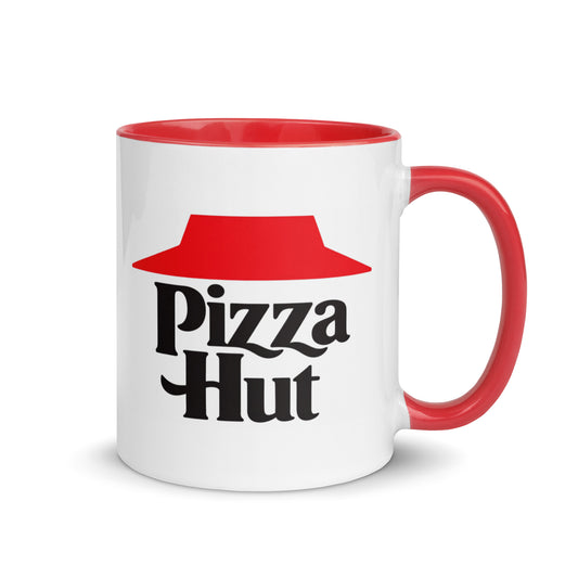 Classic Pizza Hut logo coffee mug featuring the iconic red roof design on a premium white ceramic mug with a red interior and handle, perfect for pizza lovers and nostalgic restaurant memorabilia collectors.