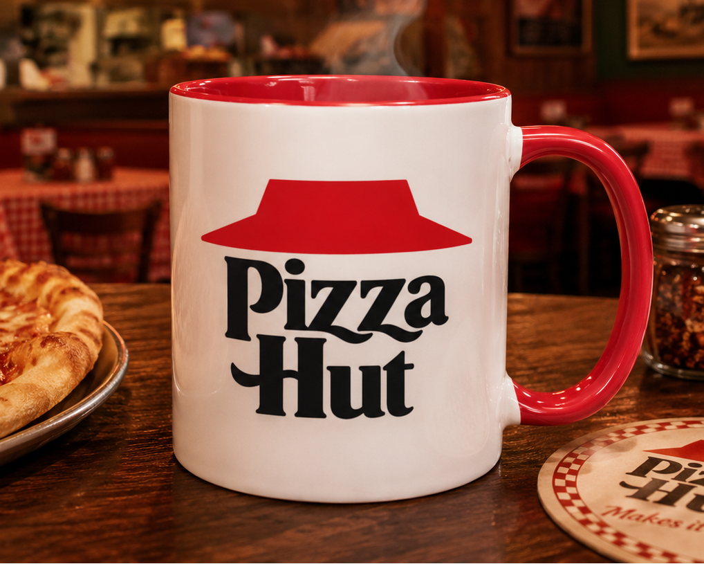 Classic Pizza Hut logo coffee mug featuring the iconic red roof design on a premium white ceramic mug with a red interior and handle, perfect for pizza lovers and nostalgic restaurant memorabilia collectors.