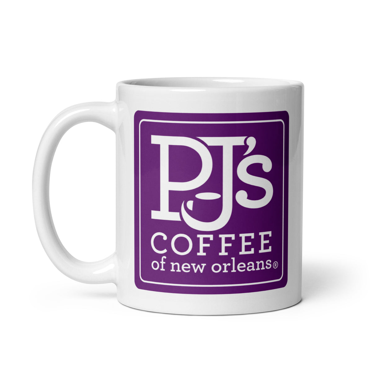 PJ’s Coffee New Orleans 11 oz ceramic mug with vintage purple coffee shop logo, nostalgic café gift