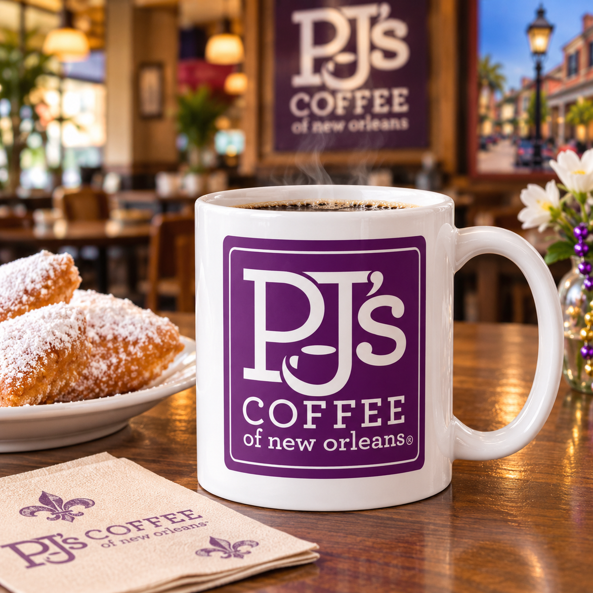 PJ’s Coffee of New Orleans coffee mug featuring purple café logo on white ceramic 11 oz mug