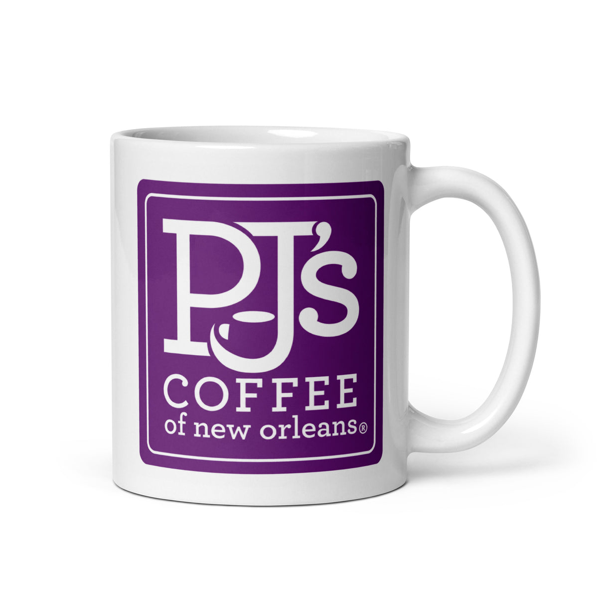 PJ’s Coffee of New Orleans 11 oz white ceramic coffee mug with classic purple logo