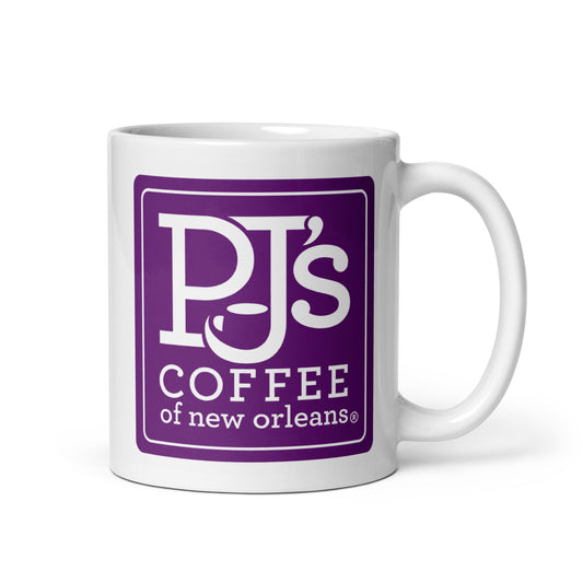 PJ’s Coffee of New Orleans 11 oz white ceramic coffee mug with classic purple logo