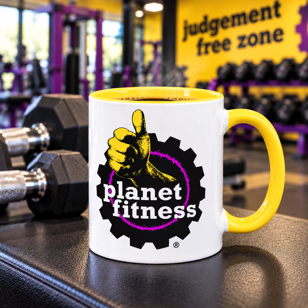 Planet Fitness logo coffee mug featuring iconic thumbs-up gym design on white ceramic 11 oz mug