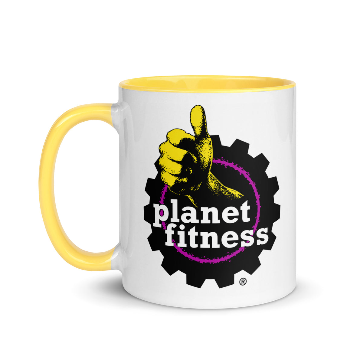 Planet Fitness 11 oz ceramic coffee mug with retro gym logo, yellow interior and matching handle