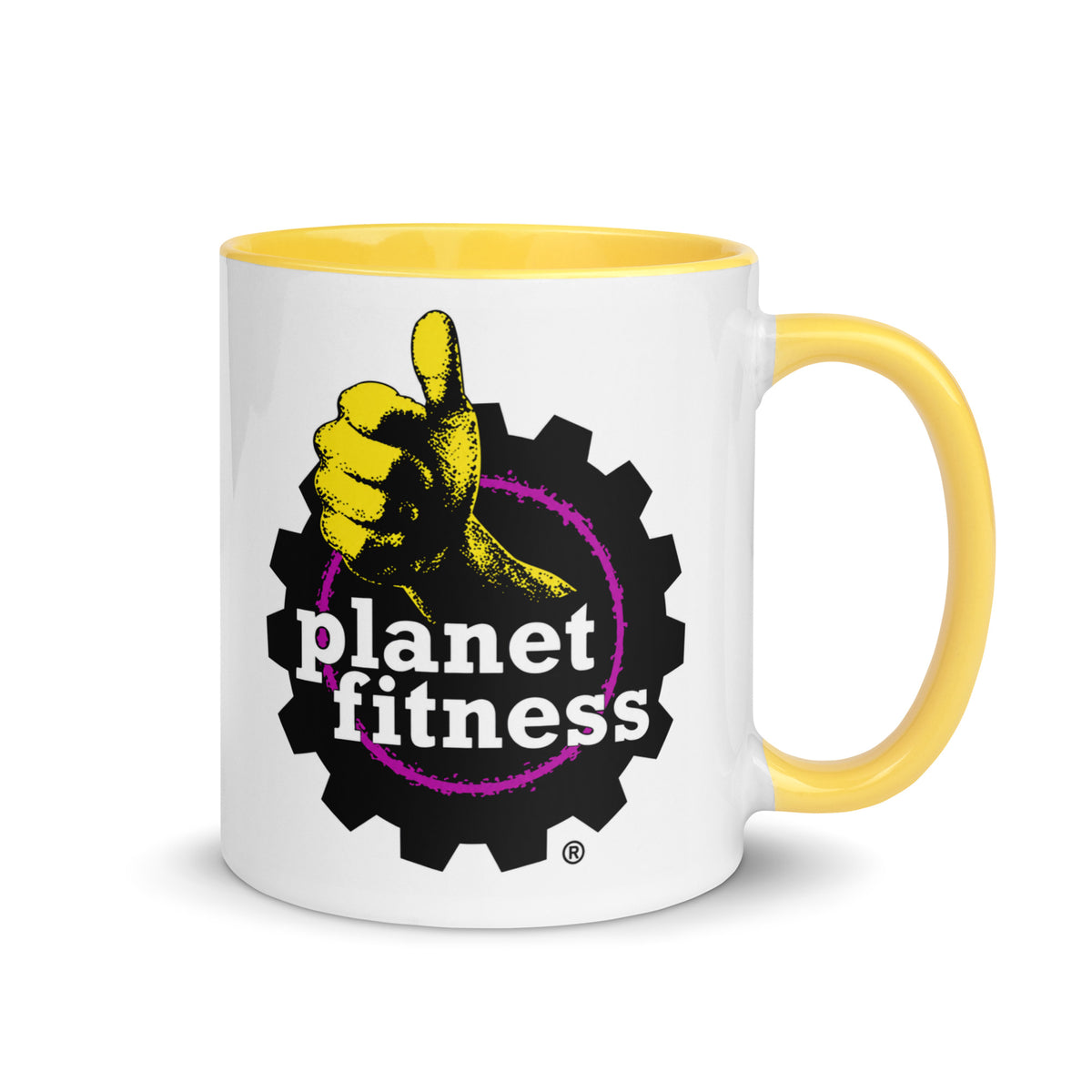 Planet Fitness 11 oz coffee mug with classic gym logo and yellow handle