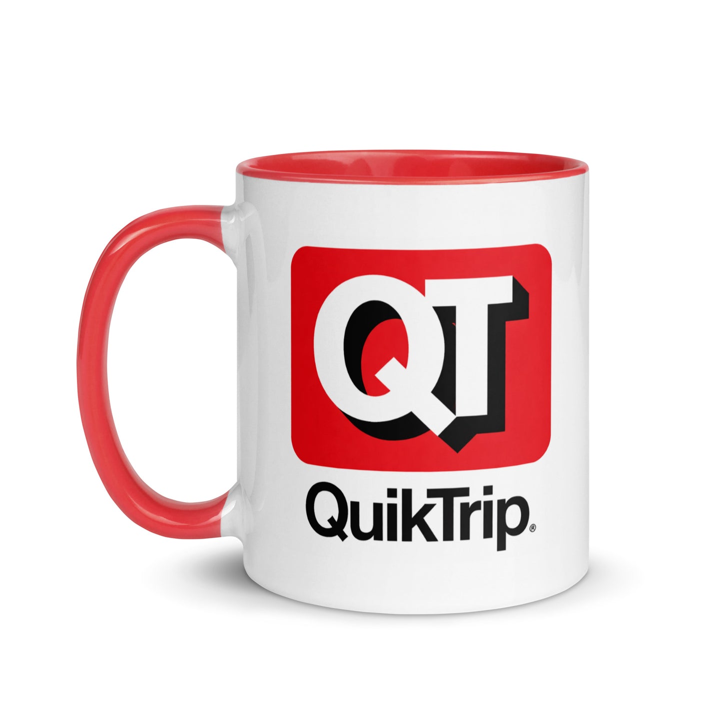 QuikTrip logo coffee mug showcasing the iconic QT design, collectible drinkware gift for convenience store fans, road travelers, and nostalgic brand collectors.