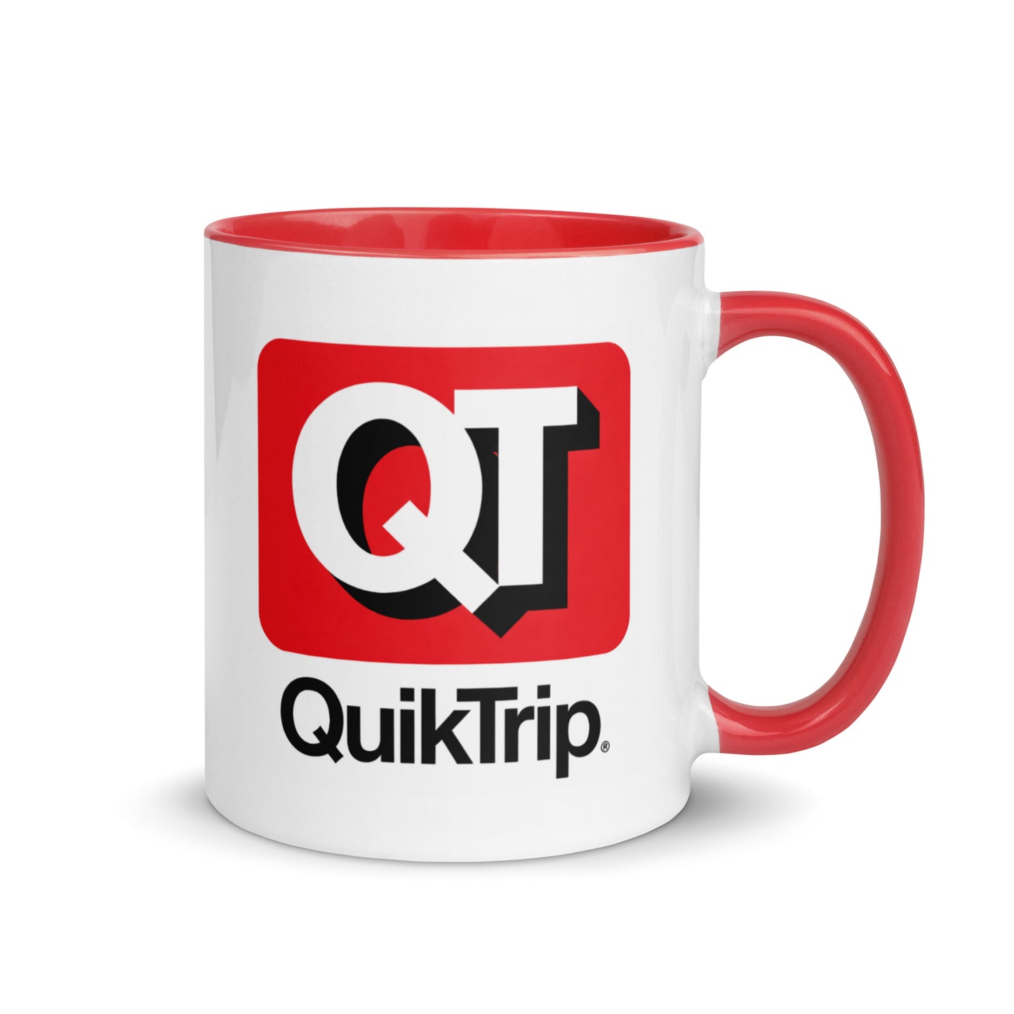 QuikTrip QT logo coffee mug with classic convenience store branding on a white ceramic mug featuring a red handle and interior, perfect for travel stop enthusiasts and collectors.