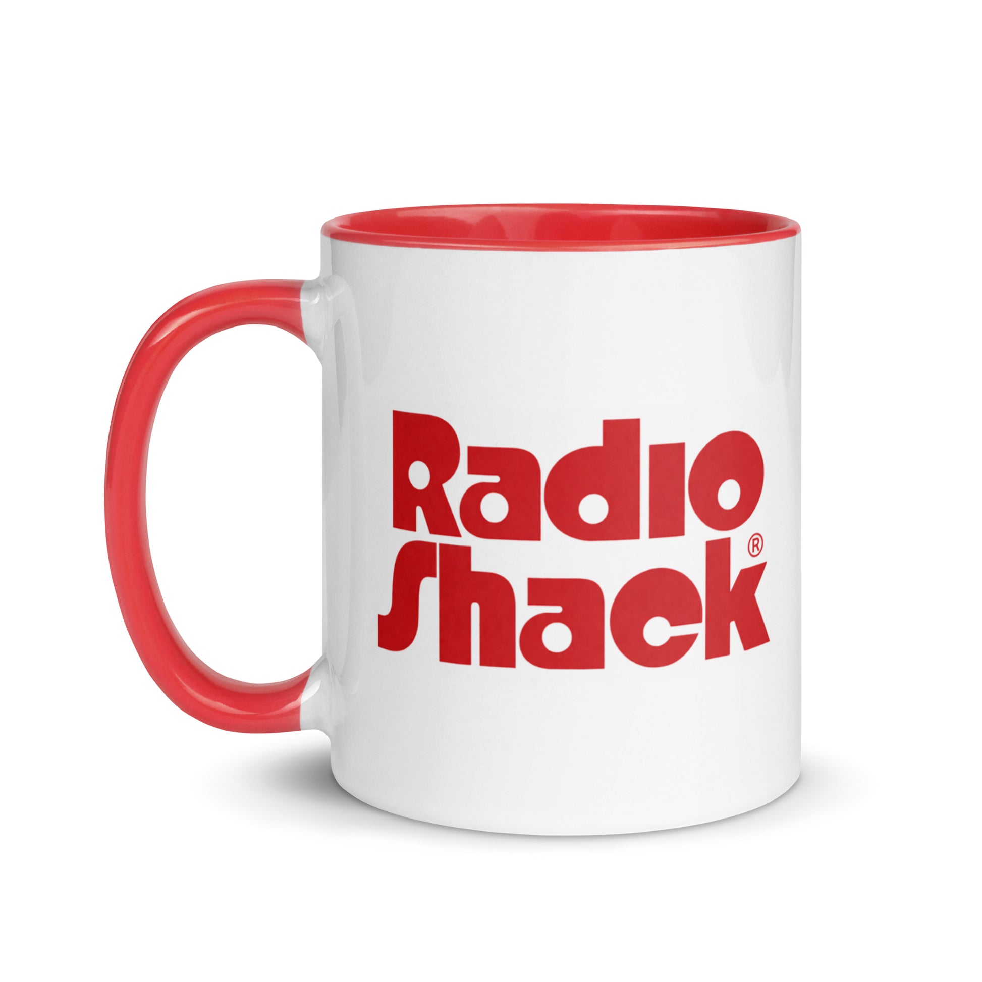 Vintage RadioShack ceramic coffee mug with the iconic classic logo, novelty gift for electronics hobbyists, ham radio operators, makers, engineers, and nostalgic tech fans.