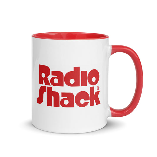 RadioShack logo coffee mug featuring the classic vintage red RadioShack logo on a white ceramic mug with red handle and interior, perfect for electronics enthusiasts and retro technology collectors.