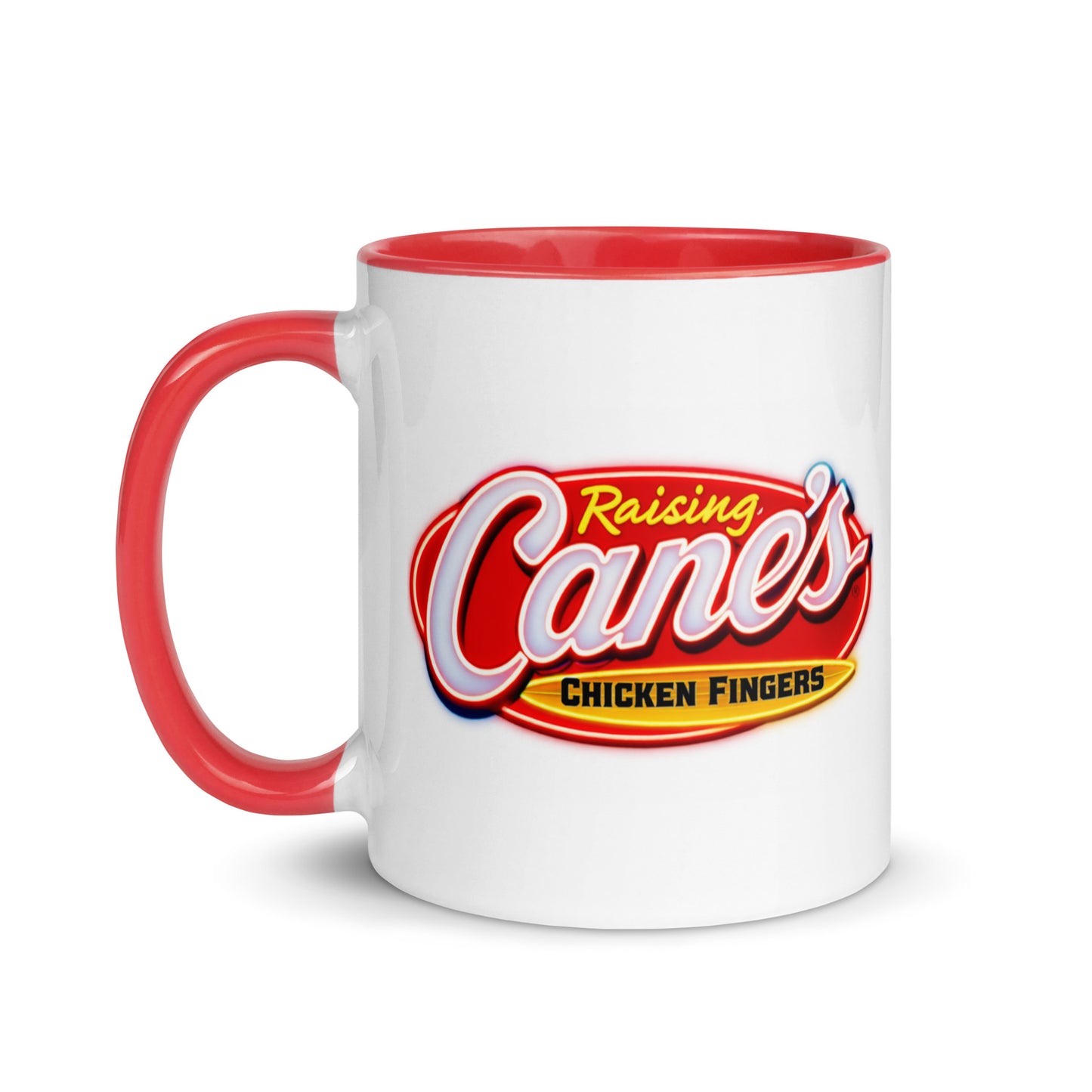 Vintage-style Raising Cane's logo ceramic coffee mug with red handle and interior, ideal for chicken finger lovers, foodies, and nostalgic restaurant brand collectors.