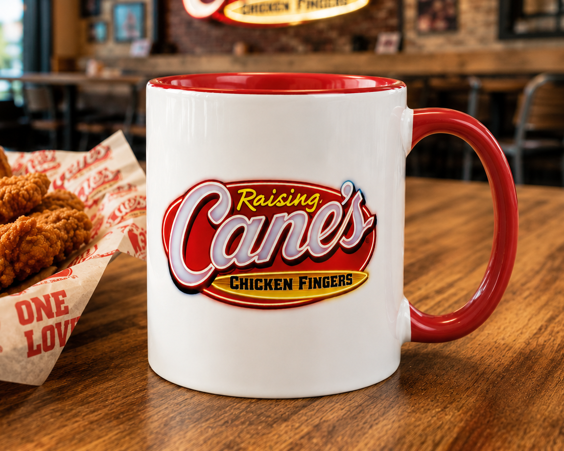 Raising Cane's Chicken Fingers coffee mug featuring the iconic restaurant logo, perfect for fast food enthusiasts, restaurant memorabilia collectors, and Cane's fans.