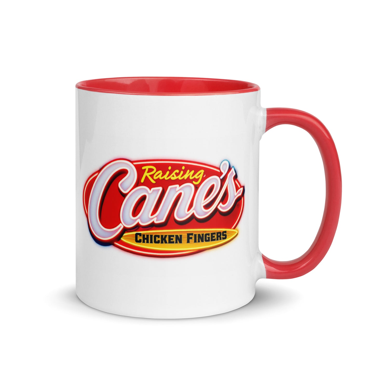 Raising Cane's Chicken Fingers coffee mug featuring the iconic restaurant logo, perfect for fast food enthusiasts, restaurant memorabilia collectors, and Cane's fans.