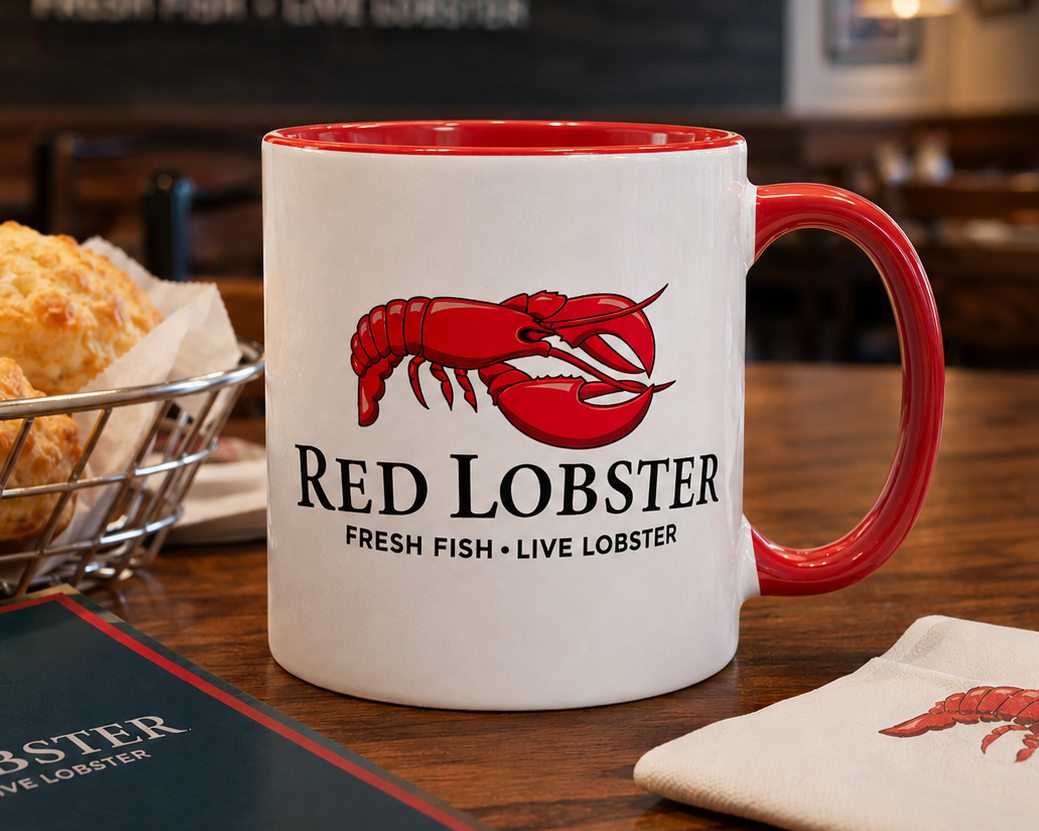 Vintage Red Lobster coffee mug featuring the classic lobster logo, perfect for seafood restaurant enthusiasts, nostalgic dining memorabilia collectors, and Red Lobster fans.