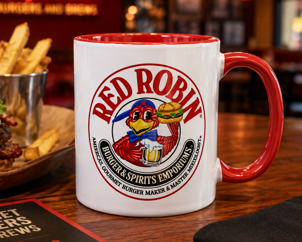 Vintage Red Robin coffee mug featuring the classic Red Robin mascot logo, perfect for burger lovers, restaurant memorabilia collectors, nostalgic dining fans, and Red Robin enthusiasts.