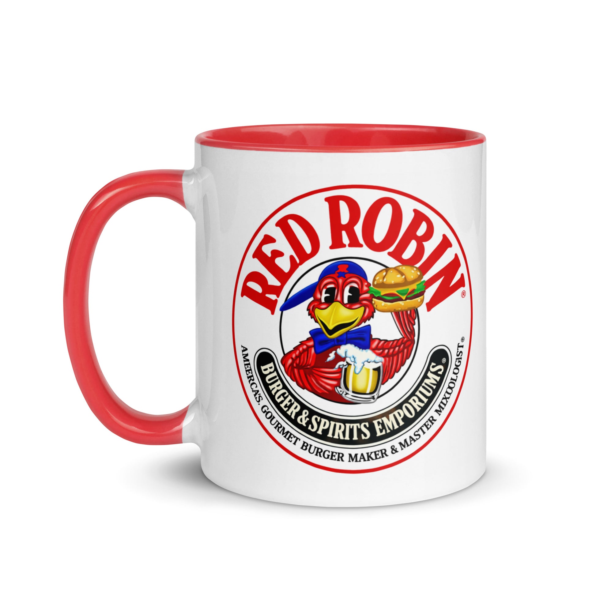 Vintage Red Robin coffee mug featuring the classic Red Robin mascot logo, perfect for burger lovers, restaurant memorabilia collectors, nostalgic dining fans, and Red Robin enthusiasts.