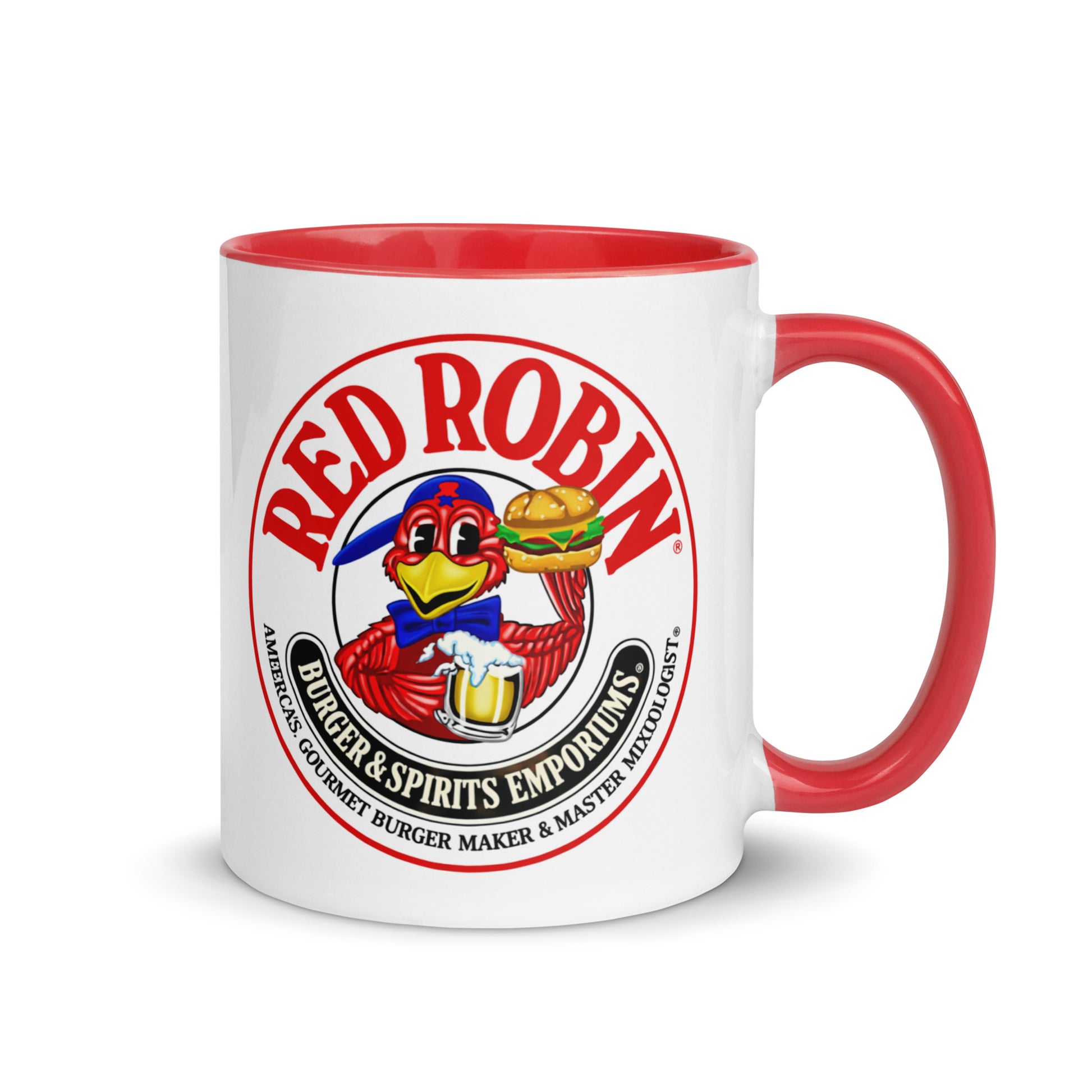 Classic Red Robin Burgers & Spirits Emporium ceramic coffee mug with colorful mascot artwork, ideal for restaurant collectors, foodie gifts, and retro Americana décor.